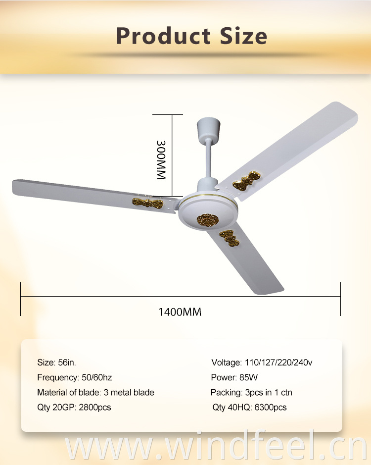 48 Inch Ceiling Fans 56 Inch Decorative Fan with 100% Copper Motor 3 Blade Golden Decoration